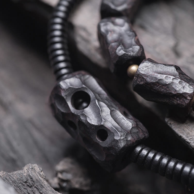 Buddhist Blessing Ebony Wood Copper Brass Red Agate Peace Double Wrap Bracelet