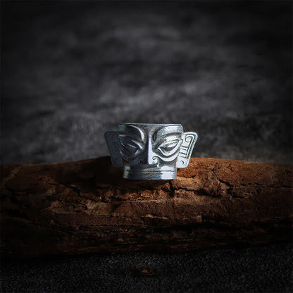Buddhist Blessing 999 Sterling Silver Hand Casting Sanxingdui Mask Protection Ring