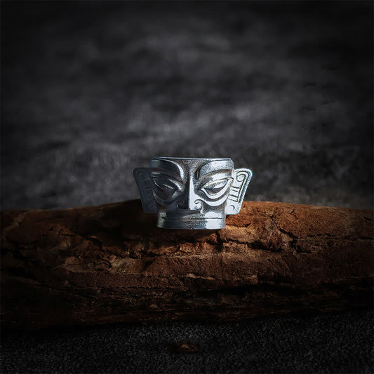 Buddhist Blessing 999 Sterling Silver Hand Casting Sanxingdui Mask Protection Ring