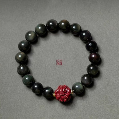 Buddhist Blessing Chinese Zodiac Natural Black Obsidian Cinnabar Purification Bracelet