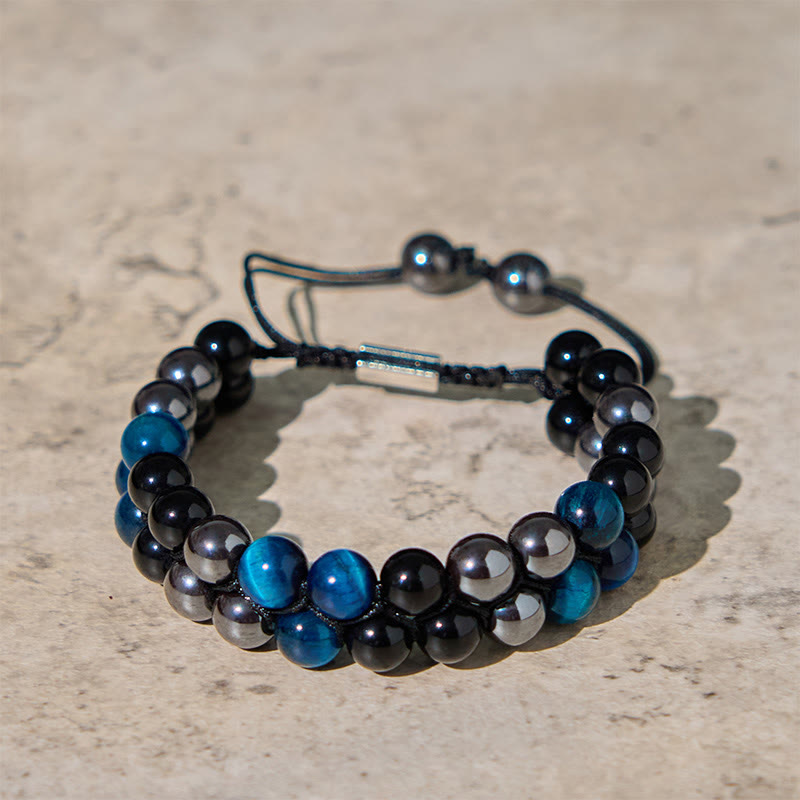 Buddhist Blessing Natural Blue Tiger Eye Black Magnetite Black Obsidian Double Row Beads Protection Bracelet