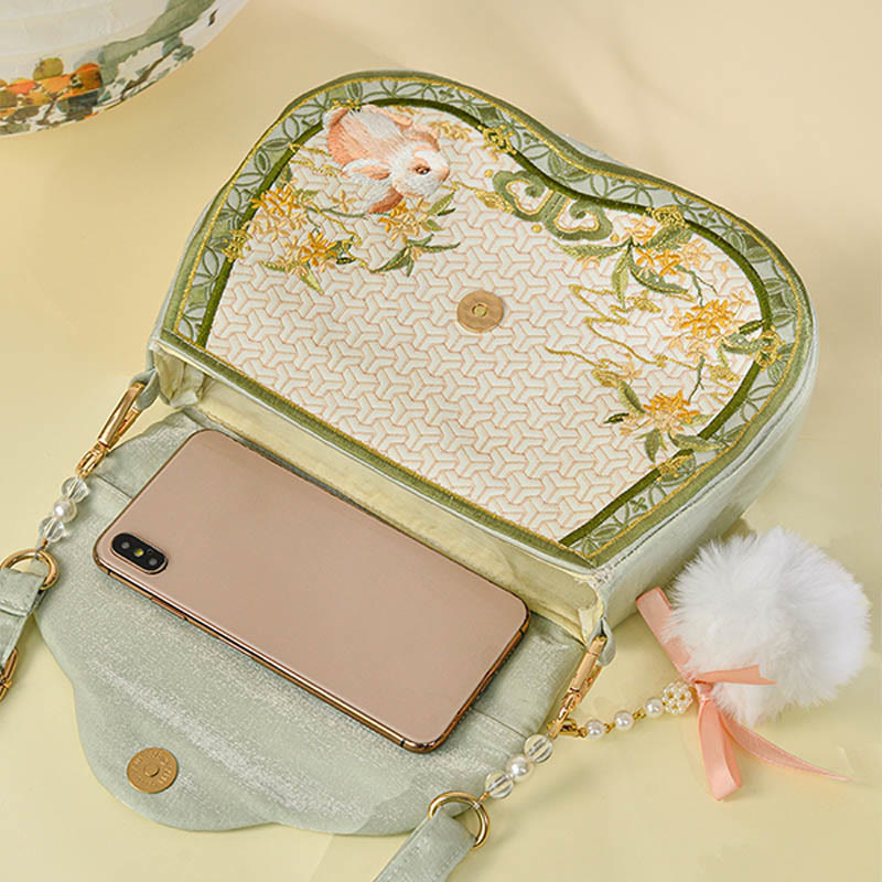 Buddhist Blessing Osmanthus Rabbit Embroidery Pearl Chain Furball Tassel Shoulder Bag Crossbody Bag