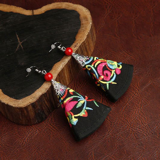 Buddhist Blessing Handmade Fan-shaped Yi Embroidery Harmony Earrings