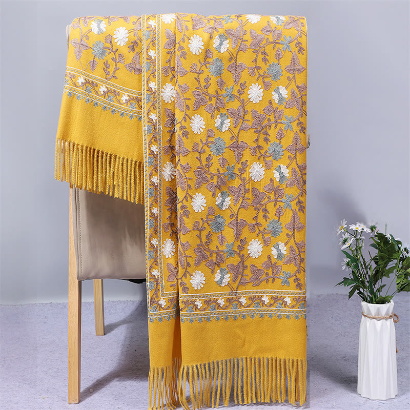 Buddhist Blessing Polyester Shawl Cashew Flowers Embroidery Tassel Winter Cozy Travel Scarf Wrap