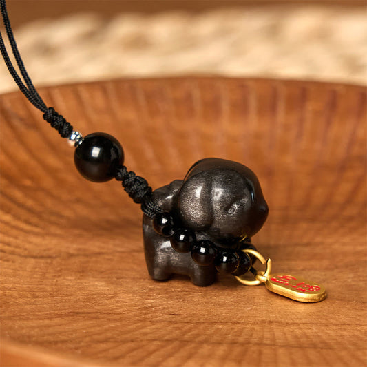 Buddhist Blessing  Stone Silver Sheen Obsidian Puppy Dog Fu Character Protection Necklace Phone Hanging Decoration