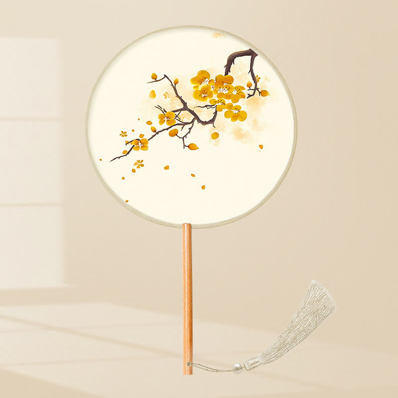 Buddhist Blessing Ginkgo Leaf Koi Fish Cherry Blossom Spring Flowers Handheld Wood Handle Fan