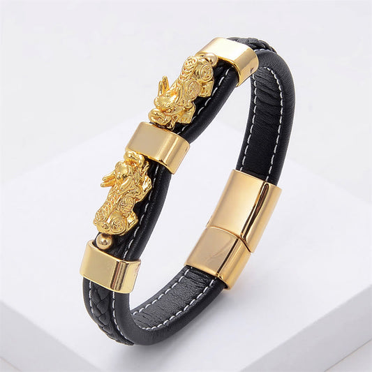 Buddhist Blessing Double PiXiu Wealth Luck Leather Magnetic Buckle Bracelet