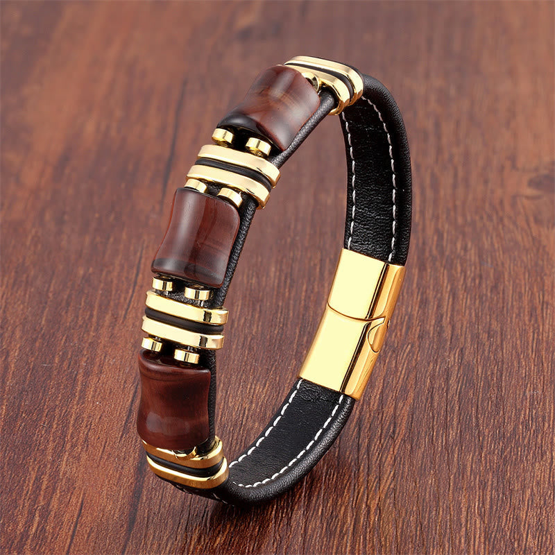 Buddhist Blessing Tiger Eye Three Bamboo Stone Protection Power Leather Bracelet