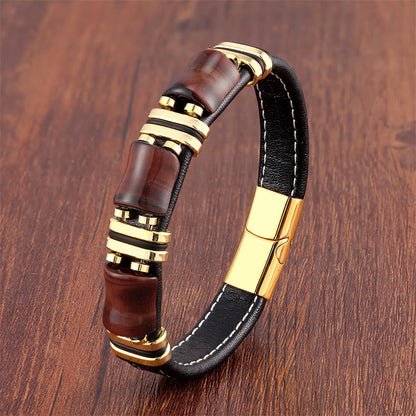 Buddhist Blessing Tiger Eye Three Bamboo Stone Protection Power Leather Bracelet