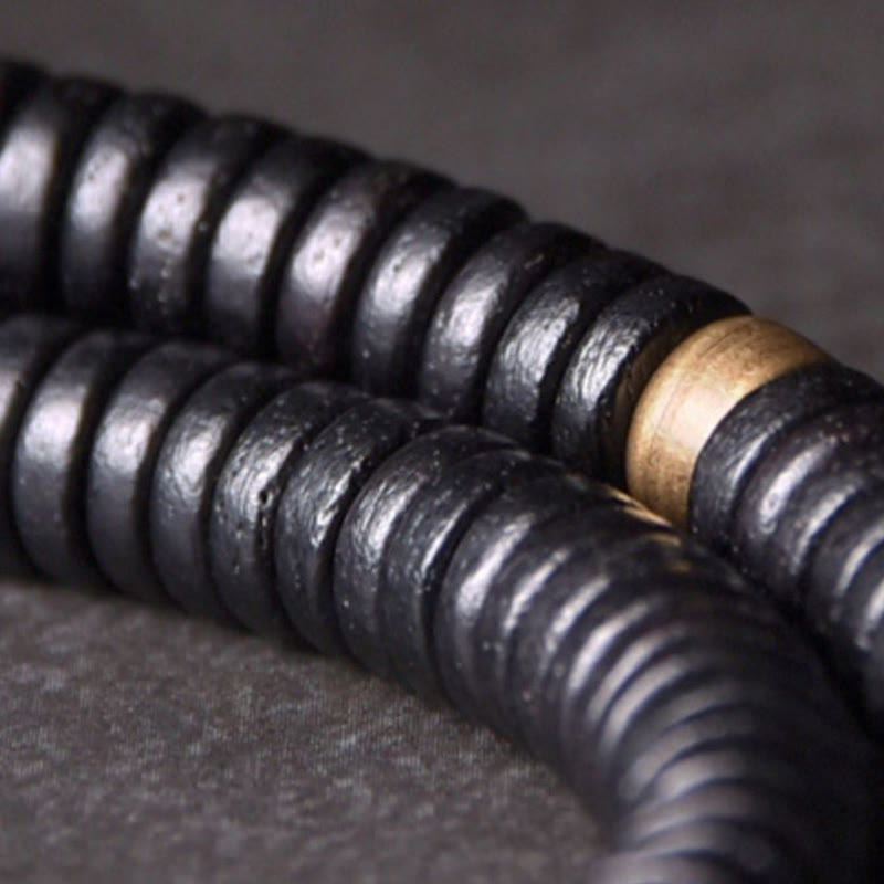 Buddhist Blessing Ebony Wood Copper Brass Balance Ball Cuboid Double Wrap Bracelet Necklace
