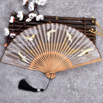 Buddhist Blessing Cranes Auspicious Clouds Solid Color Gradient Handheld Cotton Linen Fabric Bamboo Folding Fan