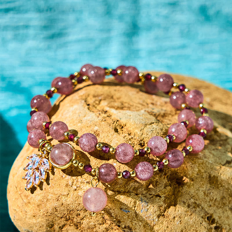 Buddhist Blessing Natural Strawberry Quartz Love Healing Maple Leaf Charm Double Wrap Bracelet