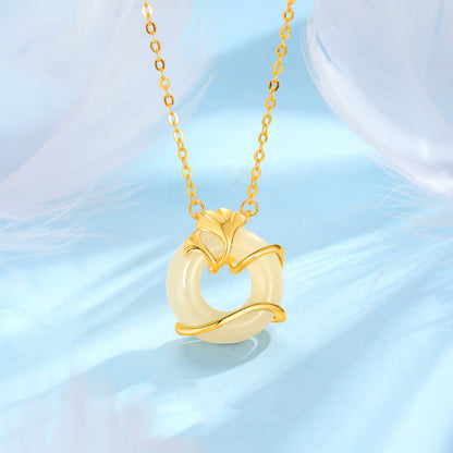 Buddhist Blessing Hetian Jade 925 Sterling Silver Peace Buckle Ginkgo Leaf Necklace Pendant