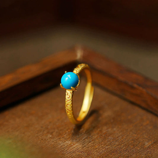 Buddhist Blessing Simple Design Turquoise Protection Copper Adjustable Ring