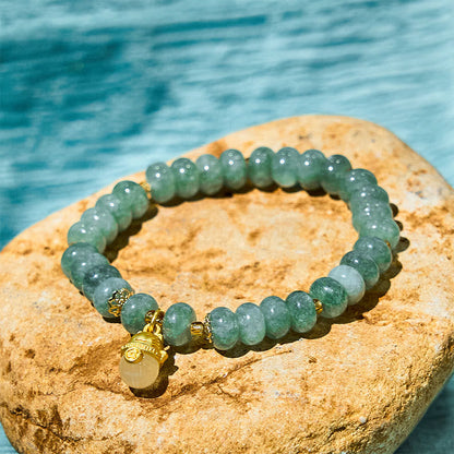 Buddhist Blessing Strawberry Quartz Cyan Jade Lucky Cat Beads Healing Bracelet
