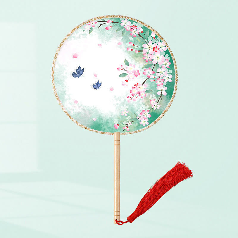 Buddhist Blessing Ginkgo Leaf Koi Fish Cherry Blossom Spring Flowers Handheld Wood Handle Fan
