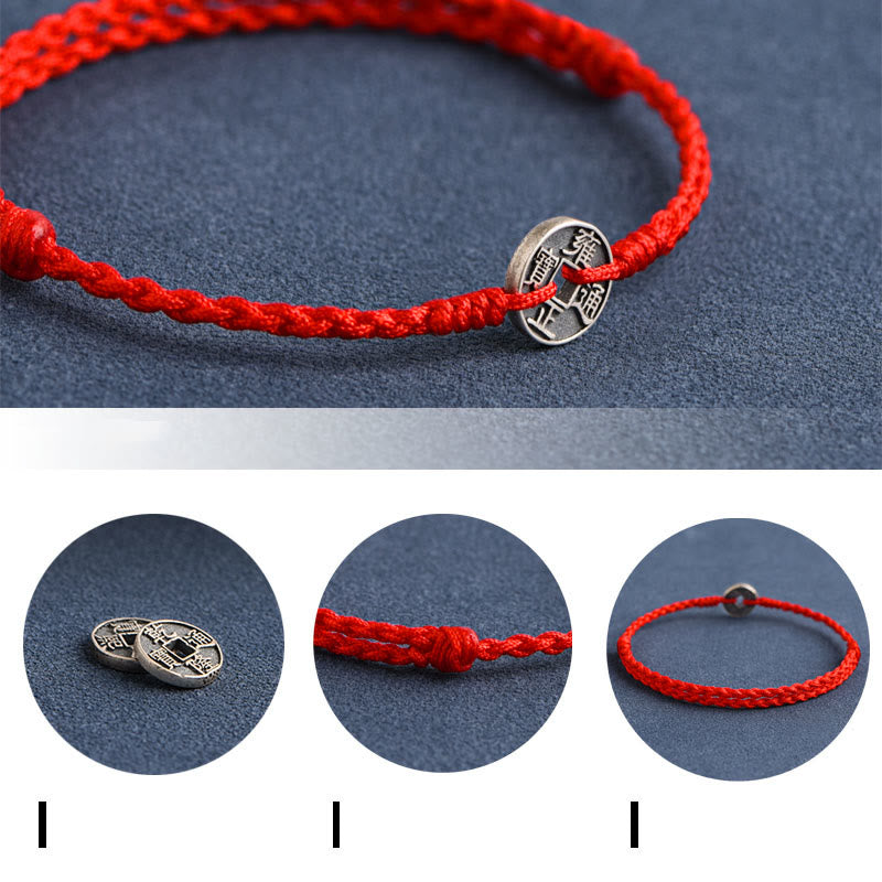 Buddhist Blessing 925 Sterling Silver Five Emperor Coins Red String Protection Luck Braided Bracelet Anklet