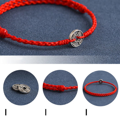 Buddhist Blessing 925 Sterling Silver Five Emperor Coins Red String Protection Luck Braided Bracelet Anklet