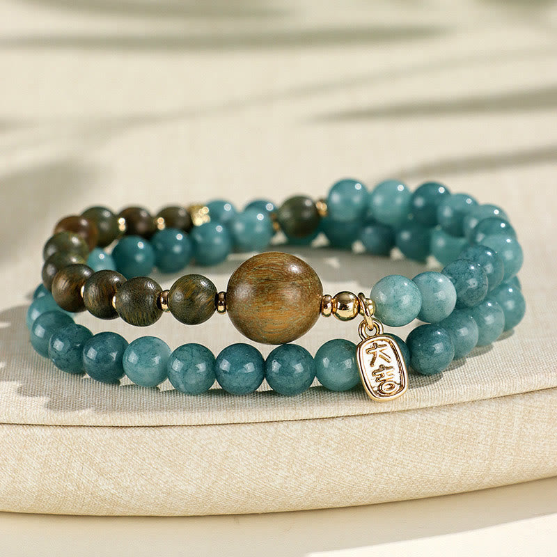 Buddhist Blessing Blue Chalcedony Green Sandalwood Small Leaf Red Sandalwood Double Wrap Emotional Balance Bracelet