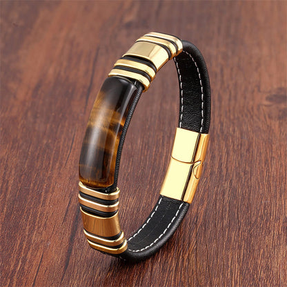 Buddhist Blessing Tiger Eye Stone Clear Thinking Leather Buckle Bracelet