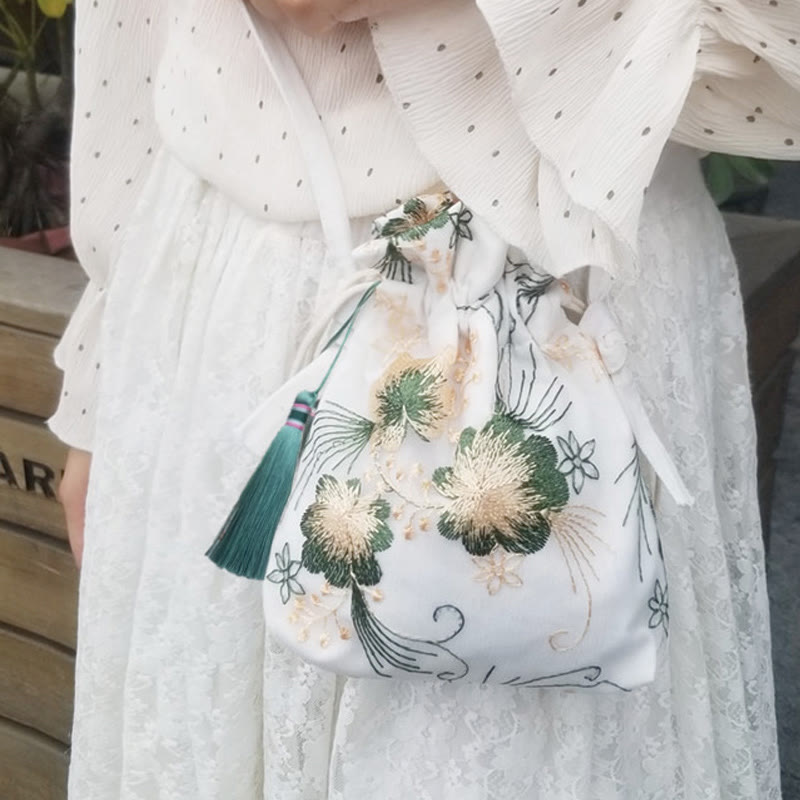 Buddhist Blessing Embroidered Flowers Cherry Blossoms Vine Canvas Crossbody Bag Shoulder Bag