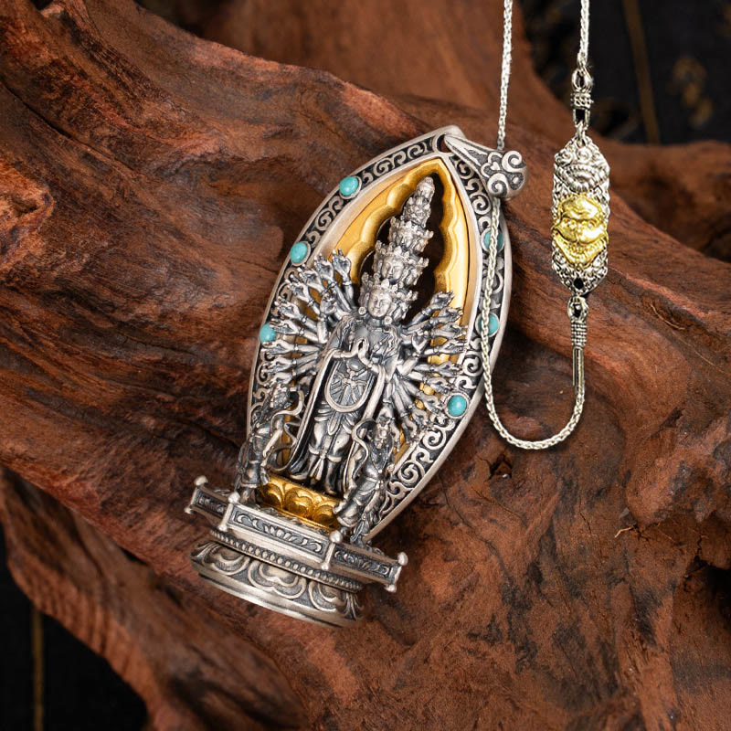 Buddhist Blessing 925 Sterling Silver Thousand-armed Guanyin Kwan Yin Avalokiteśvara Wealth Necklace Pendant