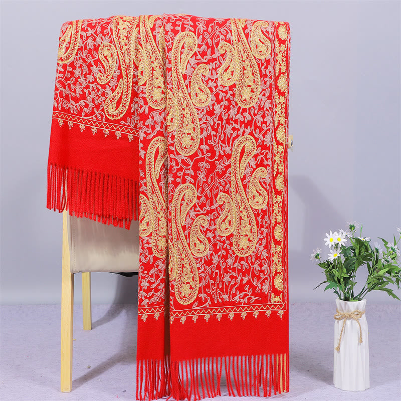 Buddhist Blessing Rayon Fabric Shawl Golden Cashew Flowers Embroidery Tassel Winter Cozy Travel Scarf Wrap