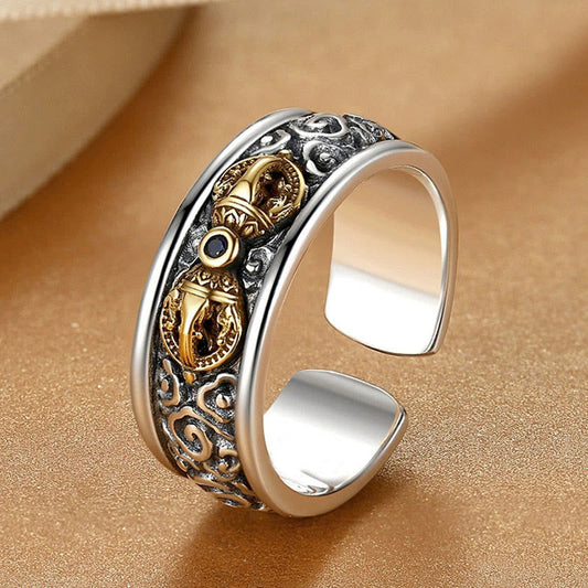 Buddhist Blessing Vintage Tibetan Vajra Auspicious Clouds Pattern Copper Plated Silver Balance Ring