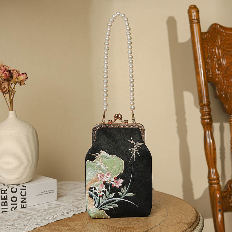 Buddhist Blessing Mountain Stone Orchid Pattern Pearl Chain Crossbody Bag Handbag