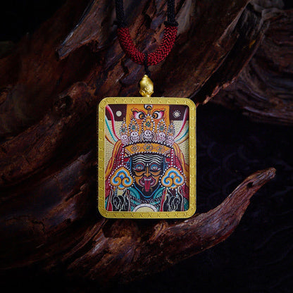 Buddhist Blessing Tibetan Zakiram Nine Tailed Fox Yellow God of Wealth Painted Thangka Hope Necklace Pendant