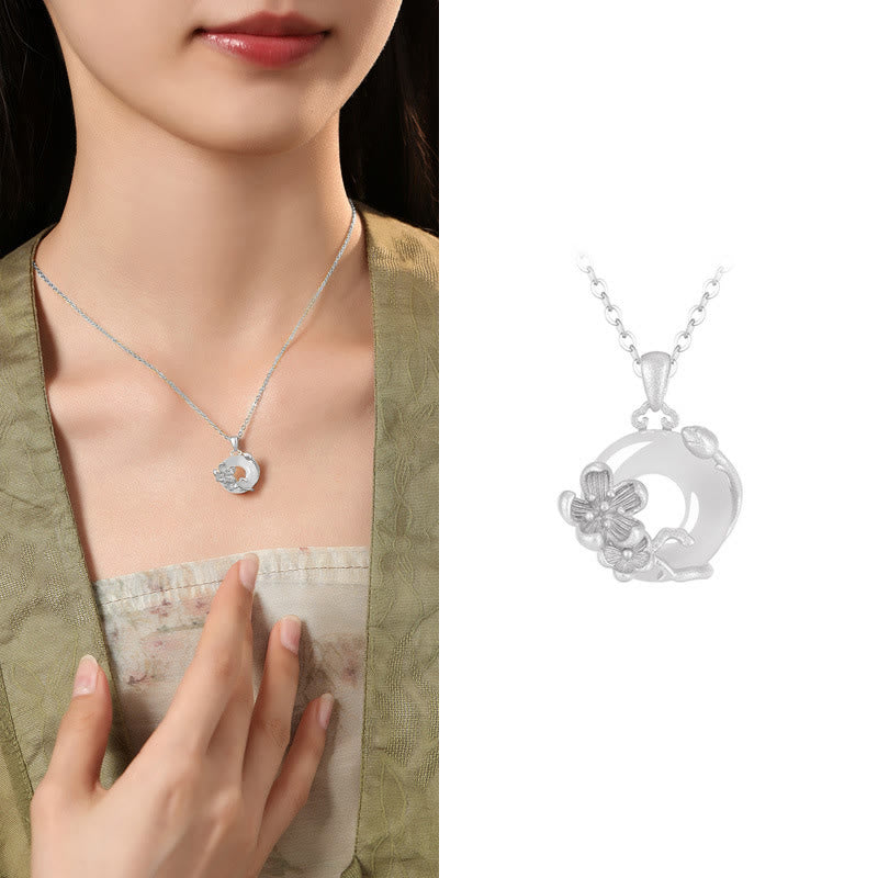 Buddhist Blessing Chalcedony 925 Sterling Silver Peace Buckle Flowers Necklace Pendant