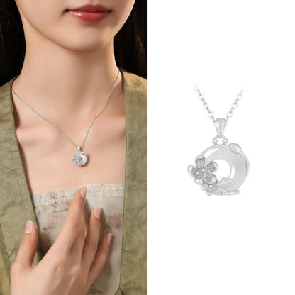 Buddhist Blessing Chalcedony 925 Sterling Silver Peace Buckle Flowers Necklace Pendant