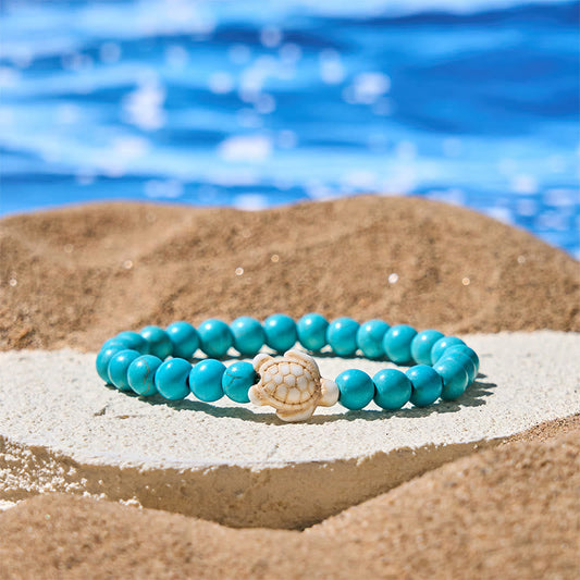Buddhist Blessing Natural Stone Sea Turtle Turquoise Crackle Agate Wisdom Bracelet
