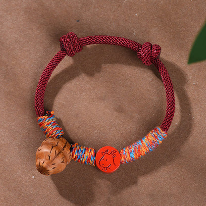 Buddhist Blessing Handmade Chinese Zodiac Red String Peach Pit Cinnabar Luck Bracelet