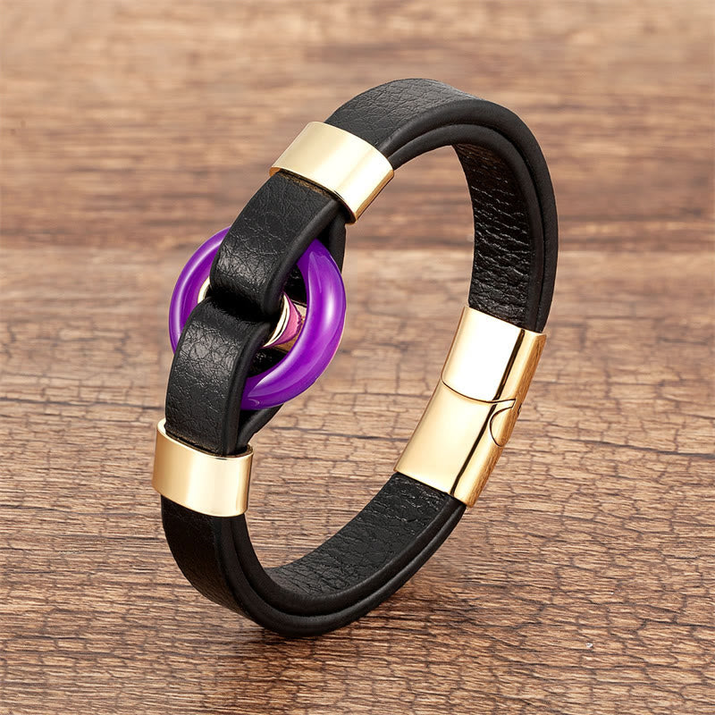 Buddhist Blessing Round Green Aventurine Black Onyx Hematite Agate Rose Quartz Stone Balance Leather Magnetic Buckle Bracelet