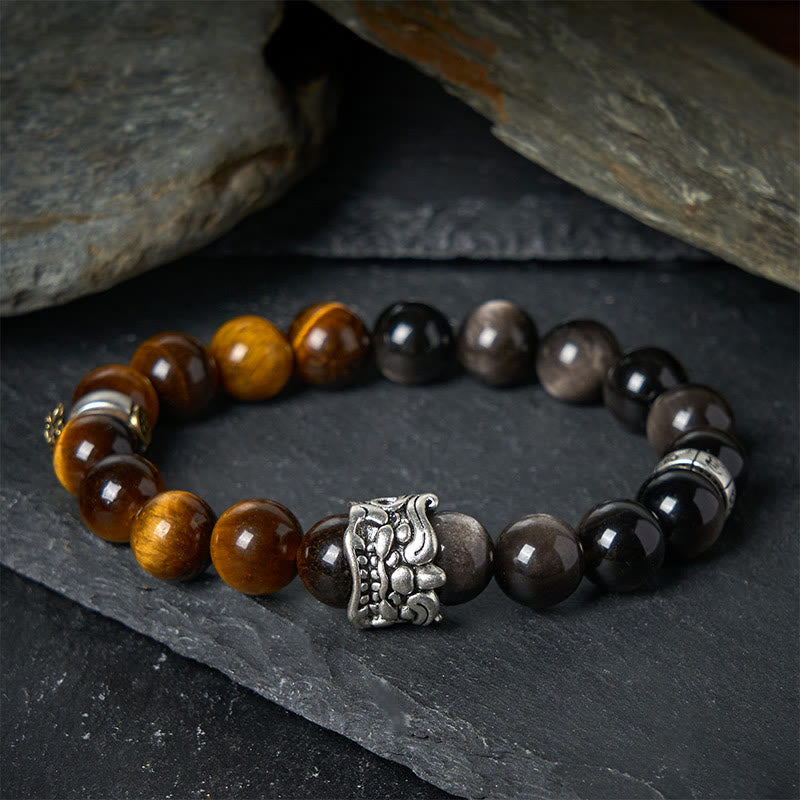 Buddhist Blessing Tiger Eye Silver Sheen Obsidian Om Mani Padme Hum Horse PiXiu Beast Courage Bracelet