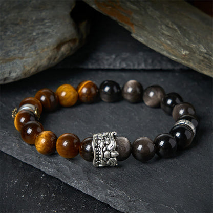 Buddhist Blessing Tiger Eye Silver Sheen Obsidian Om Mani Padme Hum Horse PiXiu Beast Courage Bracelet