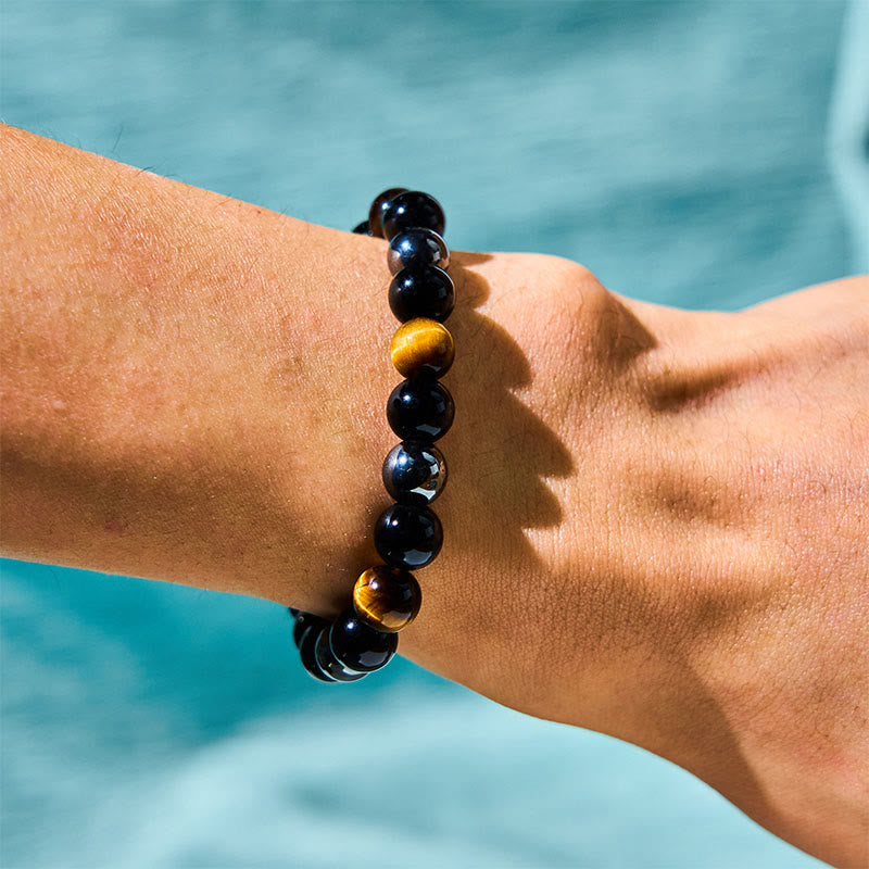 Buddhist Blessing Natural Tiger's Eye Obsidian Hematite Positive Powerful Bracelet