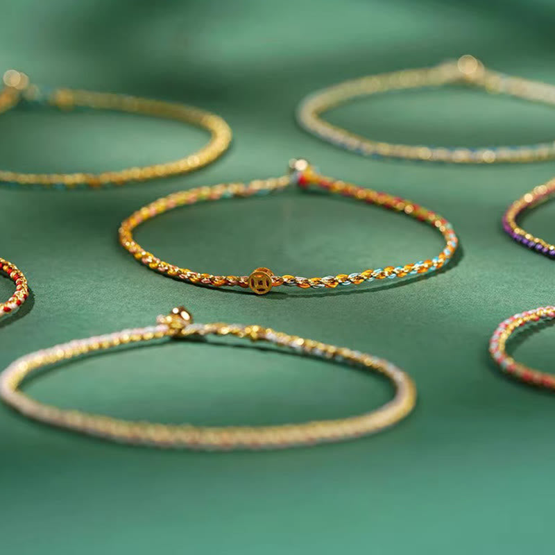 Buddhist Blessing Colorful Rope Luck Coin Bead Abundance Extra Thin Braided Bracelet
