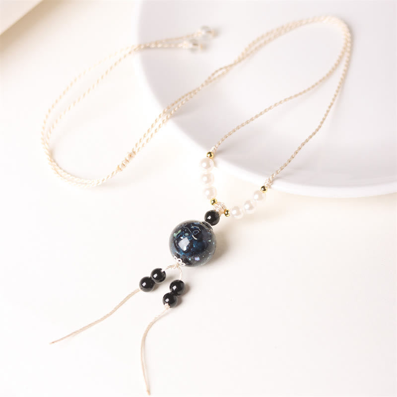 Buddhist Blessing Ebony Wood Aurora Lacquer Craft Bead Pearl Balance Necklace Pendant