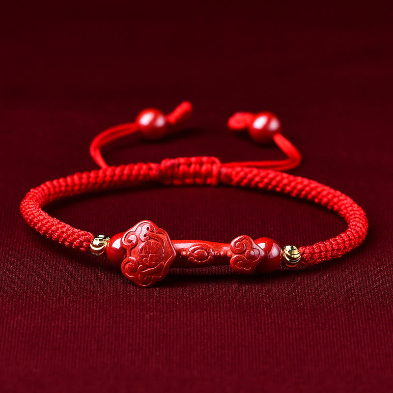 Buddhist Blessing Handcrafted Pixiu Cinnabar Ruyi Stick Wealth Luck Braided Bracelet