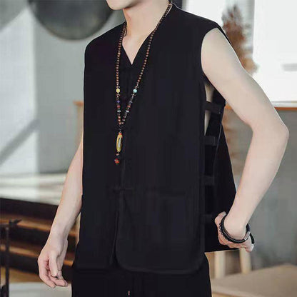 Buddhist Blessing Casual Chinese Frog-Button Men's Cotton Vest Waistcoat With Pockets