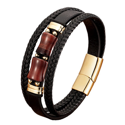 Buddhist Blessing Tiger Eye Bamboo Stone Integrity Courage Multi-layer Leather Bracelet