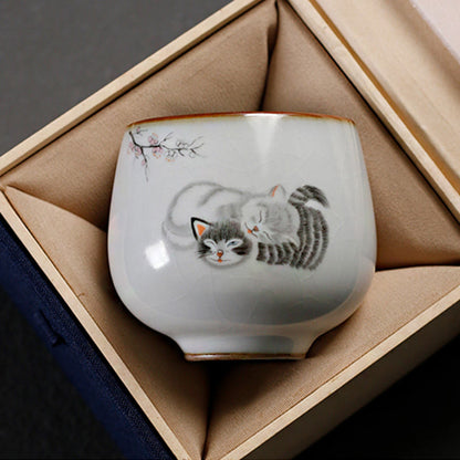 Buddhist Blessing Cute Cat Branches Teacup Kung Fu Tea Cup With Gift Box