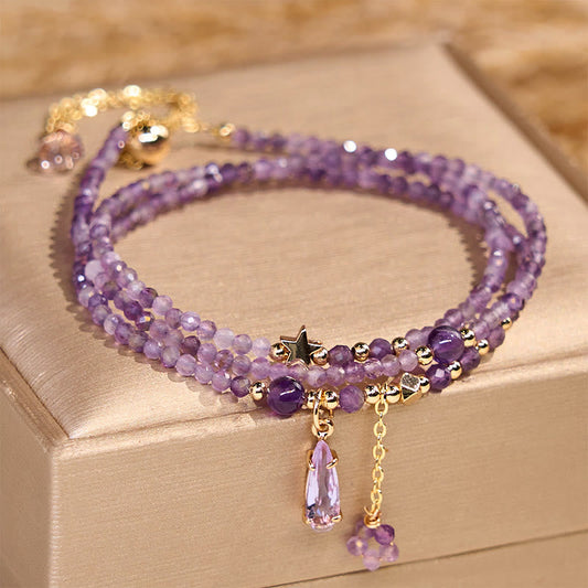 Buddhist Blessing Natural Amethyst Water Drop Star Meditation Triple Wrap Bracelet