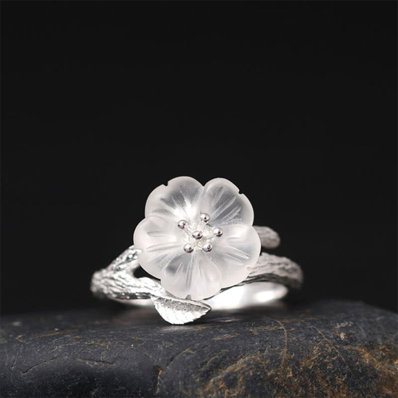 Buddhist Blessing 925 Sterling Silver White Crystal Skeleton Flower Adjustable Healing Ring