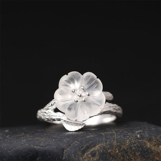 Buddhist Blessing 925 Sterling Silver White Crystal Skeleton Flower Adjustable Healing Ring