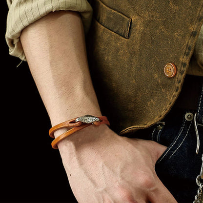 Buddhist Blessing 925 Sterling Silver Leather Multi-turn Protection Bracelet