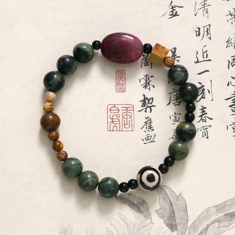 Buddhist Blessing Green Agate Three-eyed Dzi Bead Power Success Bracelet