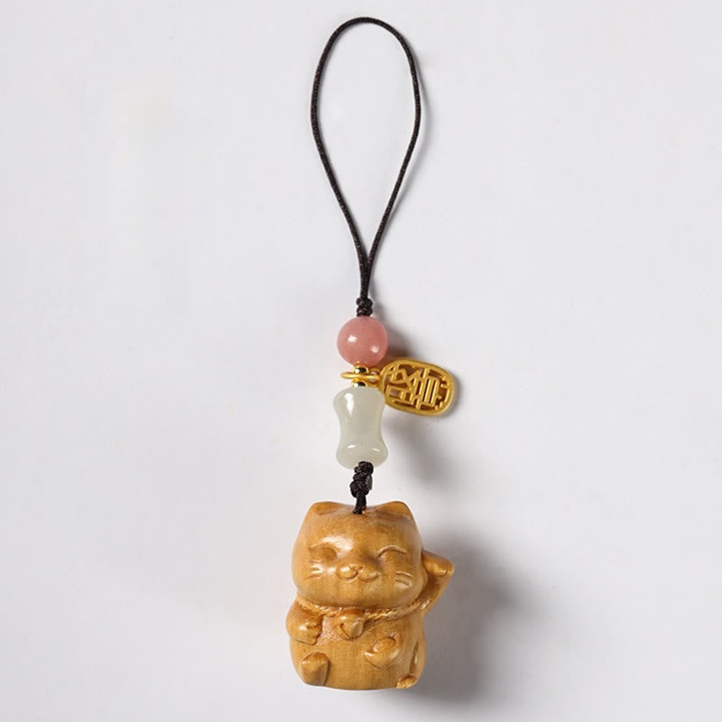 Buddhist Blessing Small Leaf Red Sandalwood Green Sandalwood Sandalwood Lucky Cat Protection Key Chain Phone Hanging Decoration
